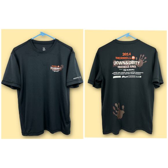 Merrell MEDIUM Black Down & Dirty Obstacle Race Short Sleeve Tee Shirt T-Shirt - Picture 1 of 10